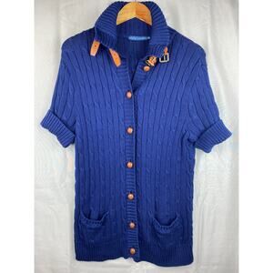 Vintage Ralph Lauren Navy Cable Knit Short Sleeve Cardigan Womens sz XL Sweater